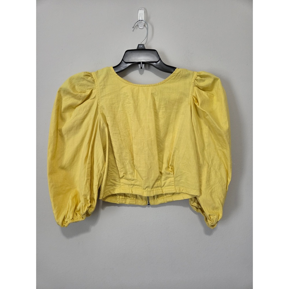 C'est Toi Yellow Puff Sleeve Crop Top Cotton Zipper Back TO5160 Womens Small